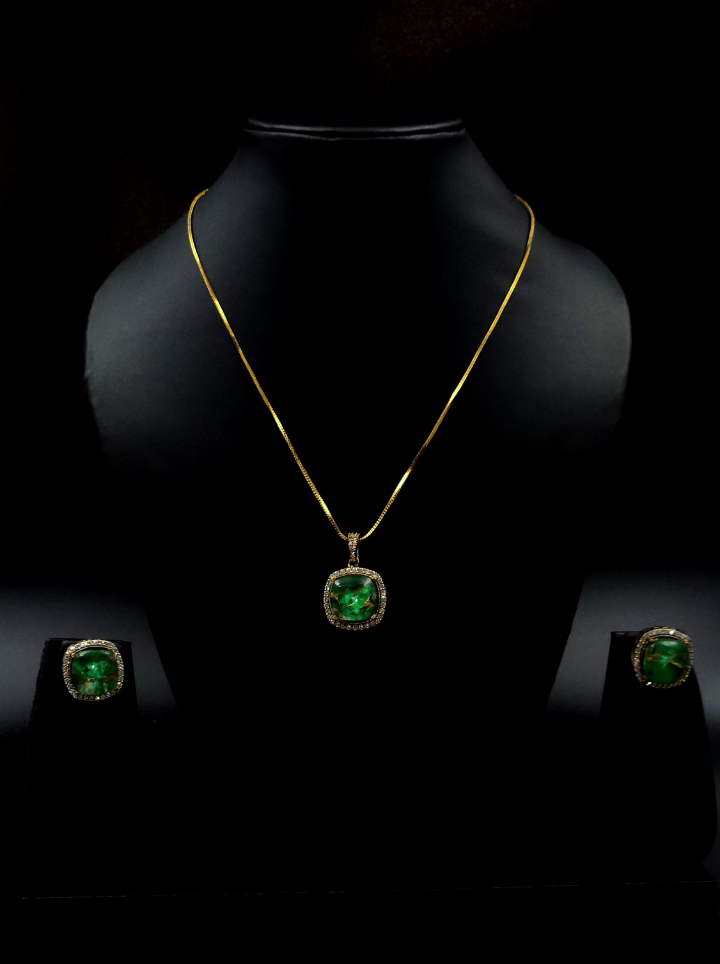 Premium AD Stone Pendent Chain Neckpiece - Green