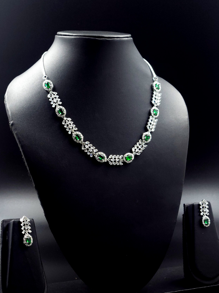 Silver Plated Green Emerald Crystal Necklace Set