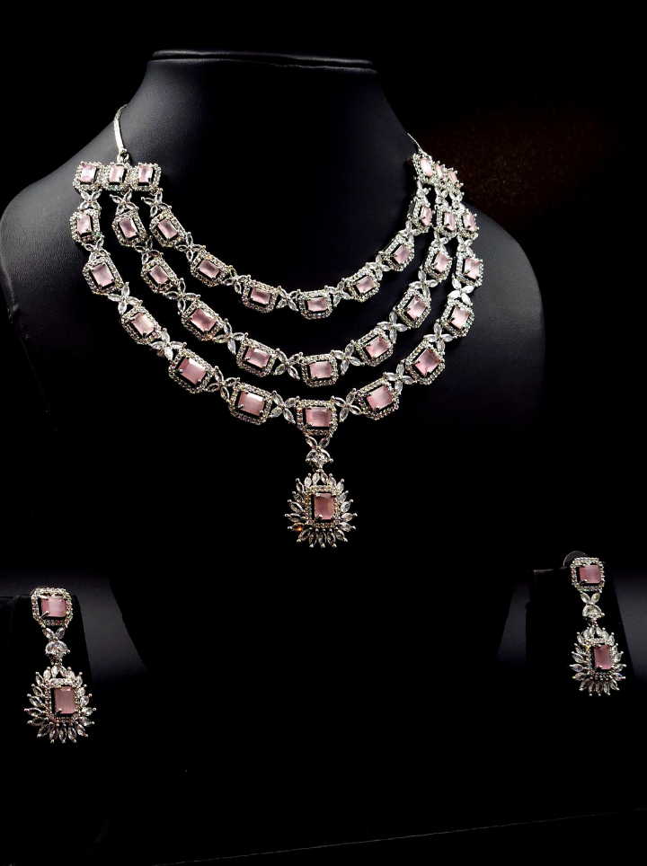 Three Layerd Pink Diamond Pendent Set