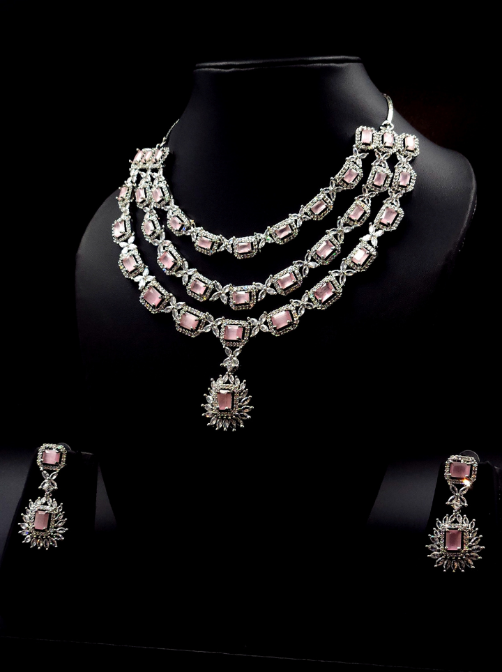 Three Layerd Pink Diamond Pendent Set