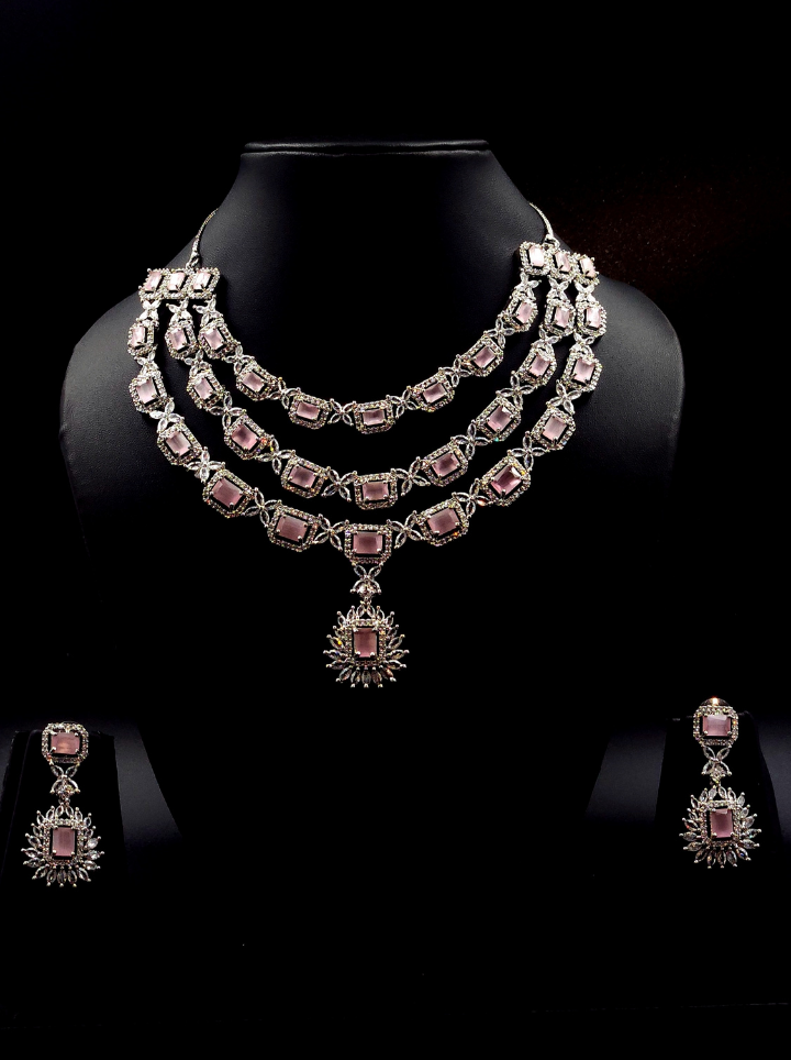 Three Layerd Pink Diamond Pendent Set