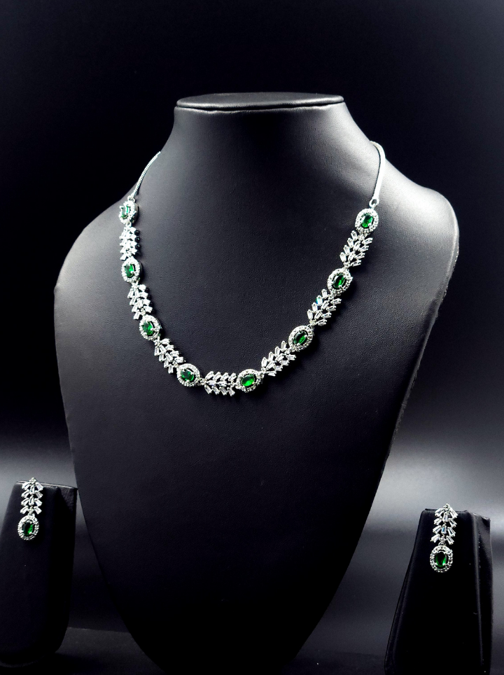 Silver Plated Green Emerald Crystal Necklace Set