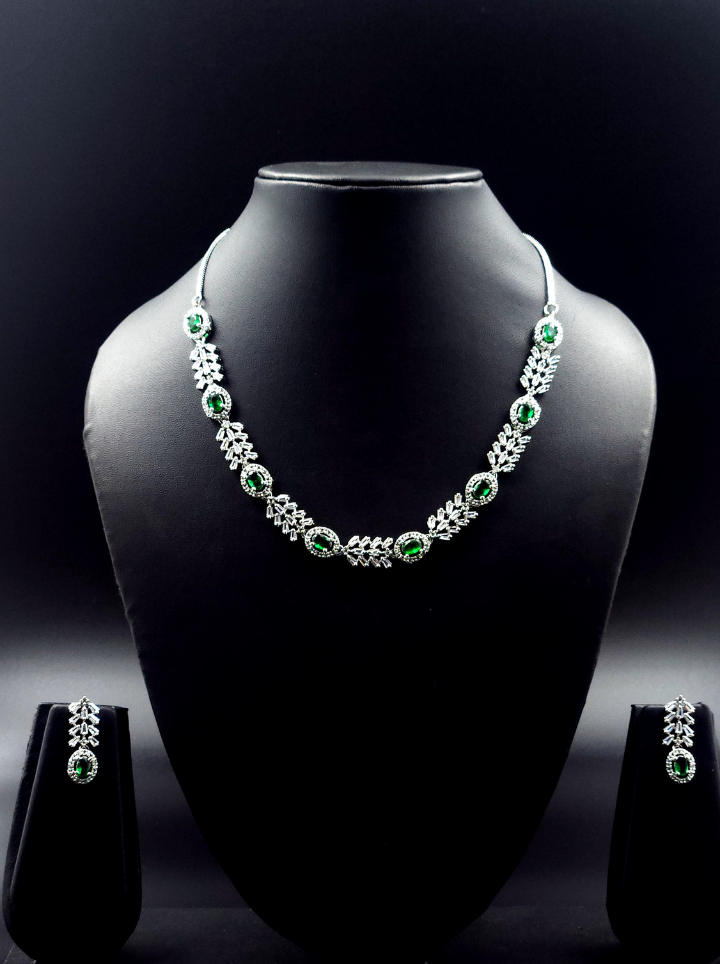 Silver Plated Green Emerald Crystal Necklace Set