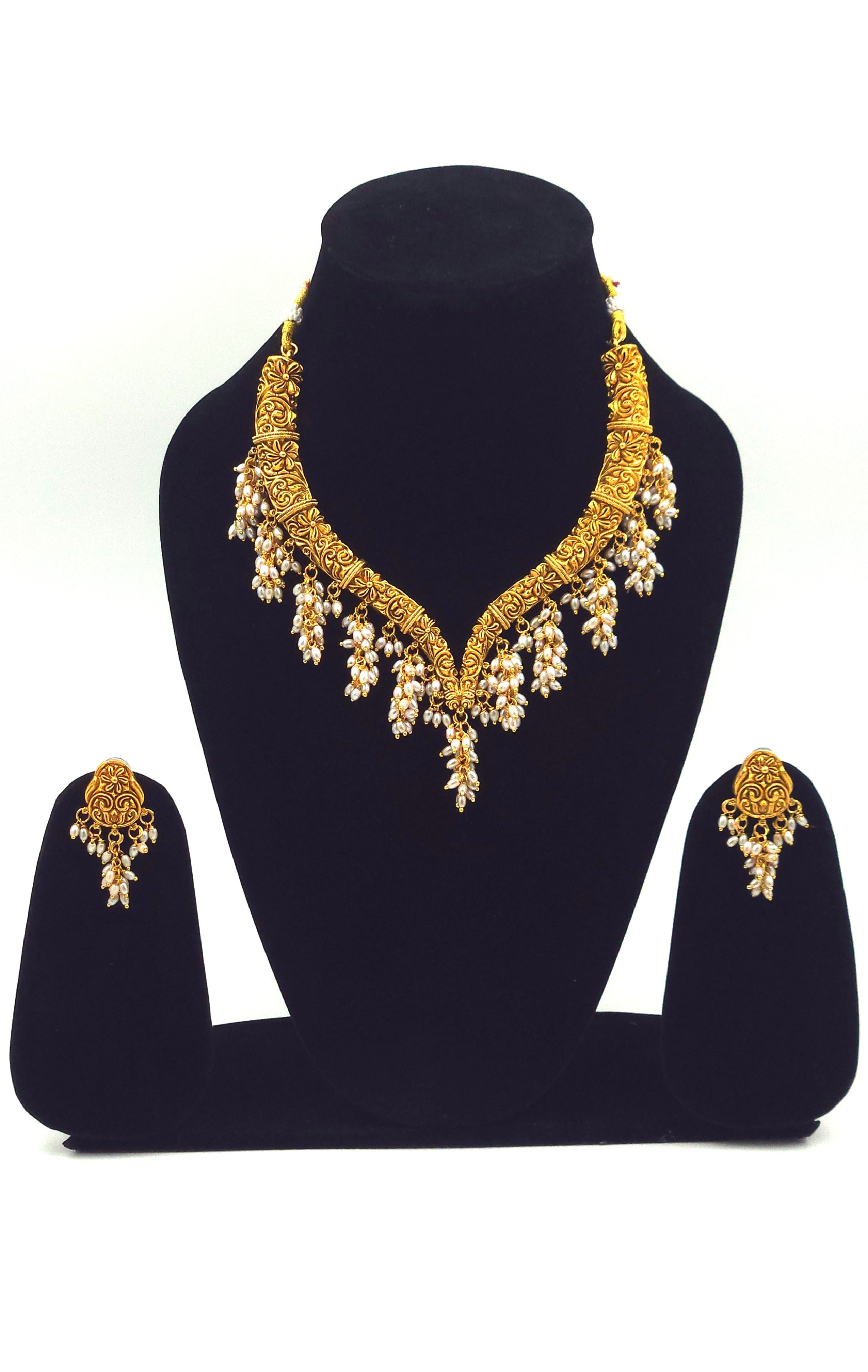 Gold Floral Hasli Choker with white Peral